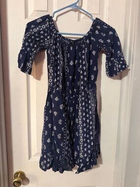 New Look Navy Blue and White Boho Off-Shoulder Dress